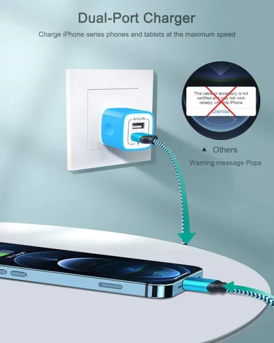 Miniatura 6 de AILKIN Cargadores de iPhone, [certificado Apple MFI] Cable Lightning trenzado de 6 pies de largo + cargador de pared USB, cable de alimentación