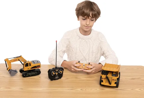 Miniatura 7 de JOYIN Juego de 2 vehículos de construcción a control remoto, excavadora RC accionada por fricción y camión volquete RC con luces y sonidos