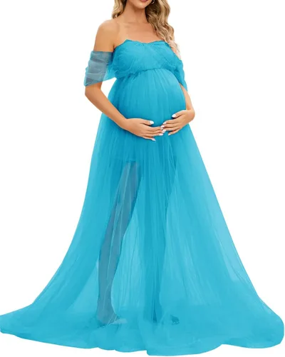 Miniatura 4 de ZIUMUDY Vestido largo de sesión de fotos de tul con hombros descubiertos para maternidad, manga caída, vestido de tul transparente