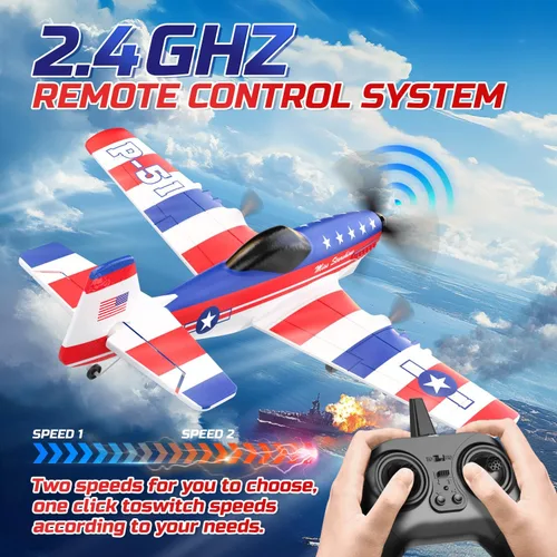 Miniatura 5 de DEERC Avión RC de 3 canales P51D Mustang con control remoto de avión de combate, 2.4 GHz, estabilizador giroscópico de 6 ejes, avión planeador RTF