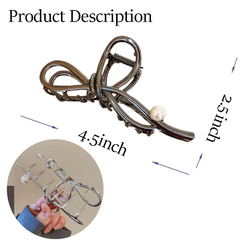 Miniatura 3 de Pinzas de metal grandes para el cabello con diseño de lazo negro y perlas blancas, pinzas antideslizantes para mujeres y niñas, agarre fuerte