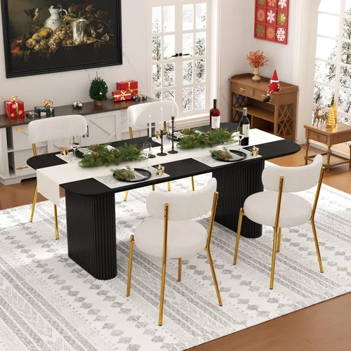 Miniatura 10 de Juego de mesa de comedor ovalada negra moderna de 70.9 pulgadas para 4, mesa de cocina rectangular estilo crema con sillas negras Boucle, juego