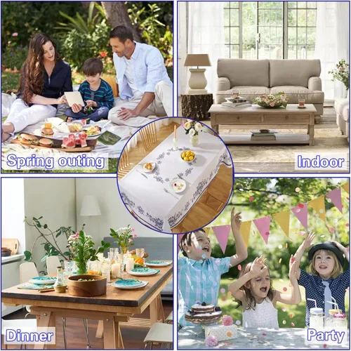 Miniatura 7 de SASTYBALE - Mantel rectangular de porcelana azul y blanca de Navidad de 52 x 70 pulgadas, resistente a derrames y manchas, de poliéster para buffet