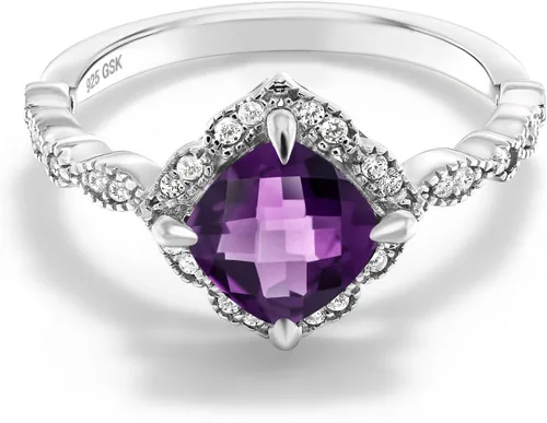 Miniatura 42 de Gem Stone King Anillo de compromiso solitario de moissanita blanca con piedra natal de corte cojín de 0.276 in para mujer, plata de ley 925
