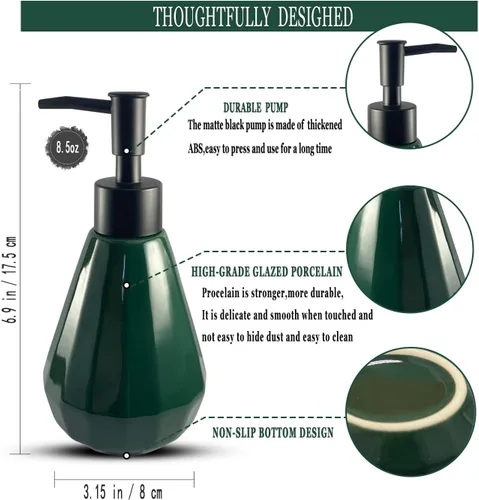Miniatura 3 de Dispensador de jabón de cerámica recargable negro mate para baño y cocina, dispensador de jabón verde de 8.5 onzas con diseño minimalista moderno