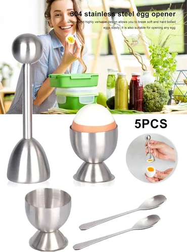 Miniatura 3 de Xicennego Juego de 5 tapas para galletas de huevo, incluye 2 tazas de huevo, 2 cucharas y 1 cortador, abridor de huevos fácil de acero inoxidable