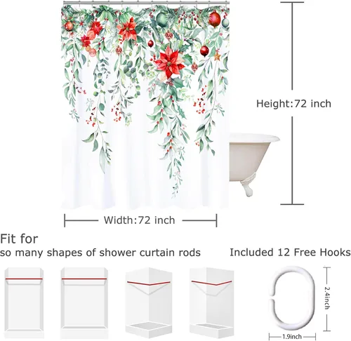 Miniatura 6 de Juego de cortinas de ducha navideñas con acebo, cortinas de ducha impermeables de Navidad, cortinas de baño de tela con 12 ganchos para decoración