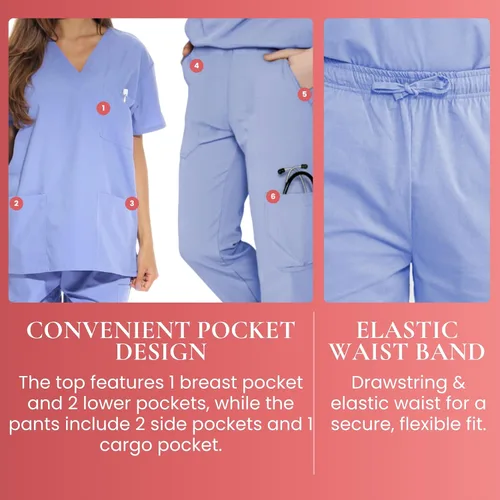 Miniatura 4 de Just Love Juego de uniforme médico para mujer de seis bolsillos con cuello en V y pantalón cargo