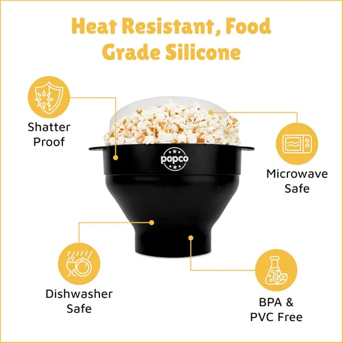 Miniatura 6 de La original Popco - Palomera de silicona para microondas, con asas, para hacer palomitas de maíz, sin BPA y apta para lavavajillas, 10 colores Negro