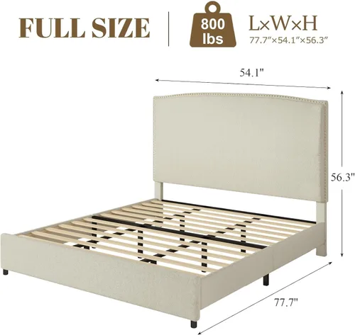 Miniatura 2 de Base de cama tamaño matrimonial con cabecero, plataforma tapizada de 56 pulgadas con ribete de cabeza de clavos, tela suave de bucle, no necesita