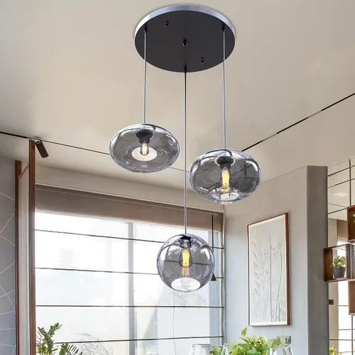 Miniatura 9 de Moderna Lámpara Colgante de 3 Luces de Vidrio en Tono Gris Ahumado con Globo de Cristal Clúster Lámpara de Techo de Estilo Nórdico con Múltiples