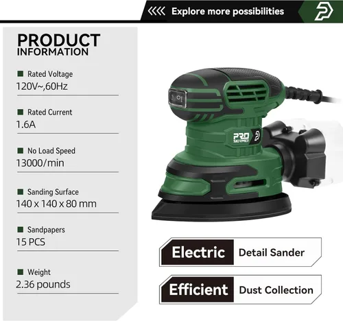 Miniatura 2 de Prostormer Detail Sander, 13000RPM Mouse Sander, 1.6A Electric Palm Sanders with 15Pcs Sandpapers, Dust Collection Box for Tight Spaces Sanding