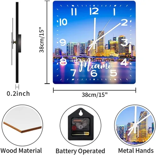 Miniatura 2 de Reloj de pared American Florida State Miami City Skyline Paisaje urbano Vista de la ciudad Reloj clásico de madera sin tictac funciona