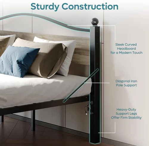 Miniatura 5 de Pinmoco Base de cama tamaño King con cabecero y estribo, cama de plataforma de metal resistente con espacio de almacenamiento debajo de la cama