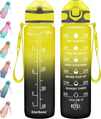 Miniatura 28 de Enerbone Botella de agua potable de 32 oz con tiempos para beber y popote, motivacional con correa para llevar, a prueba de fugas, sin BPA ni