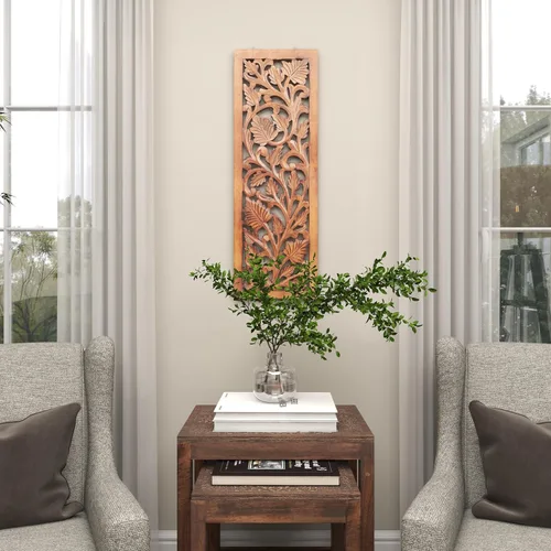 Miniatura 9 de Deco 79 Decoración de pared de madera floral hecha a mano para el hogar, escultura de pared de acanto tallada intrincadamente, arte de pared de 12 x