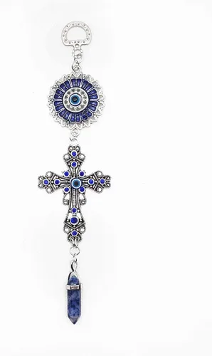 Miniatura 8 de LUCKBOOSTIUM Amuleto de cruz con incrustaciones de cristal azul y mandala azul de ojo malvado con piedra curativa colgante, dijes de naturaleza