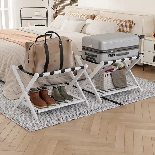 Miniatura 13 de Smart FENDEE Portaequipajes negro totalmente montado, soporte para maleta con estante para zapatos, soporte de equipaje plegable de madera