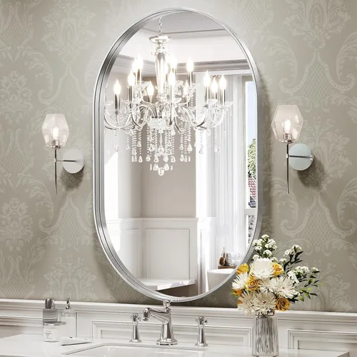 Miniatura 8 de Brightify - Espejo ovalado dorado para tocador de baño de 20x30 pulgadas, espejos de marco de metal dorado para pared, espejo moderno