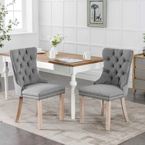 Miniatura 10 de Silla de comedor tapizada contemporánea sin brazos con patas de madera con diseño de cabeza de clavo, juego de 2, beige