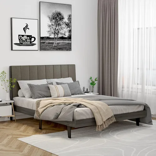 Miniatura 7 de Giantex Base de cama tapizada, soporte de listones de madera, base de colchón Queen con cabecera copetuda, cama de plataforma con patas de madera