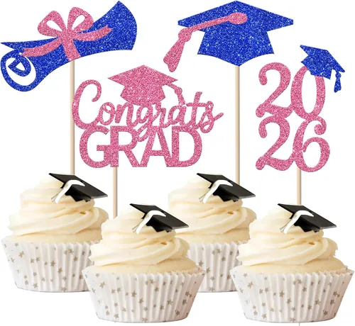 Miniatura 12 de Rsstarxi Paquete de 24 adornos para cupcakes de graduación 2026, con purpurina azul, para la clase de 2026, para diplomas, 24 piezas (6 diseños)