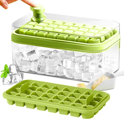 Miniatura 8 de Bandeja para cubitos de hielo con tapa y contenedor, paquete de 2 bandejas de cubitos de hielo para congelador, molde para cubitos de hielo de 64