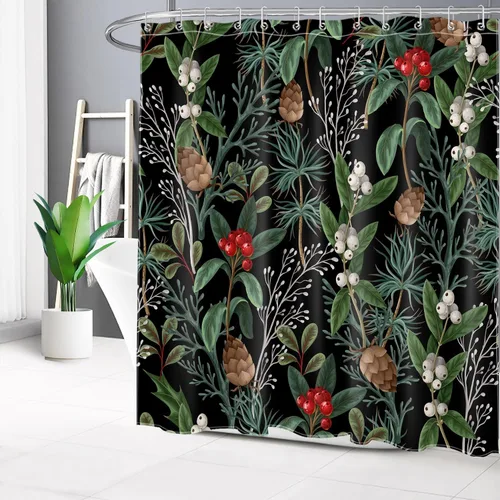 Miniatura 34 de EOBTAIN Cortina de ducha de hojas verdes de Navidad para baño, ramas de piña y abeto con bayas rojas sobre negro, cortina de ducha con 12 ganchos