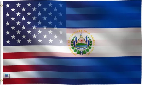 Bandera híbrida salvadoreña estadounidense de 3 x 5 pies: pancarta 100% poliéster, ojales de latón y cabecera de lona fuerte, para uso en exteriores