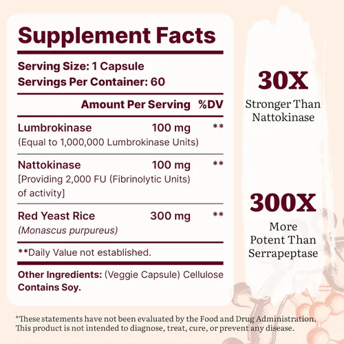Miniatura 2 de Lumbrokinase 100 mg (Actividad máxima 1,000,000 LKU), Nattokinase 100 mg-2,000 FU de actividad y arroz de levadura roja 300 mg, suplemento