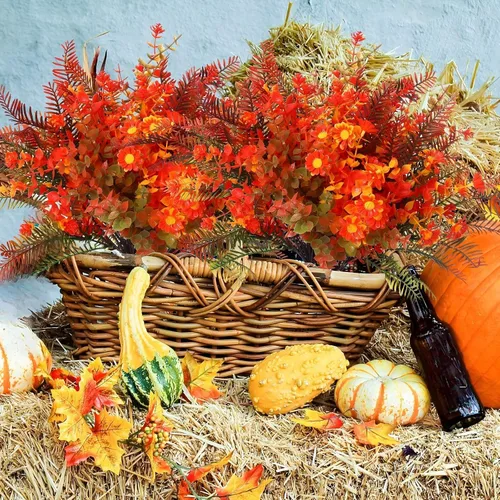 Miniatura 7 de Geosar 24 paquetes de flores artificiales de otoño para exteriores, resistentes a los rayos UV, flores amarillas y naranjas, flores falsas