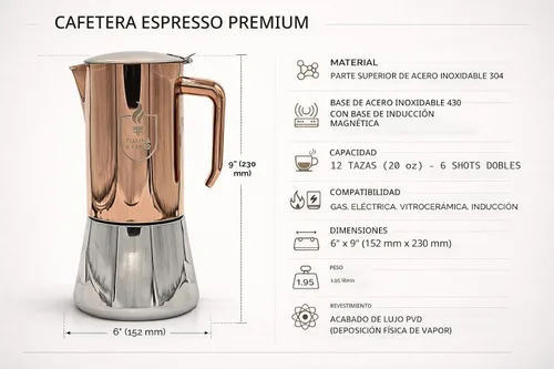 Miniatura 3 de FIAMMA & FERRO Olla italiana para moka de alta calidad, acero inoxidable de 12 tazas (20.3 fl oz), acabado PVD de cobre, compatible con inducción