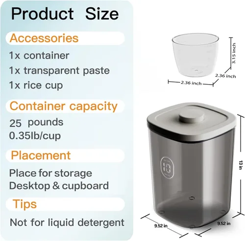 Miniatura 6 de Dispensador de arroz de 25 libras, contenedor de almacenamiento de arroz de 10.5 Qt/10 L/22-25 lbs con taza de medición y cepillo, contenedores