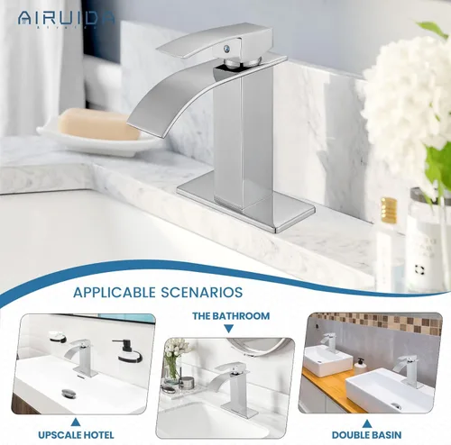Miniatura 3 de Airuida Grifo de Baño con Acabado Cromado Pulido Boquilla de Cascada Mango Único Agujero Único Grifo de Lavabo de Baño 1 o 3 Agujeros Grifo de cromo