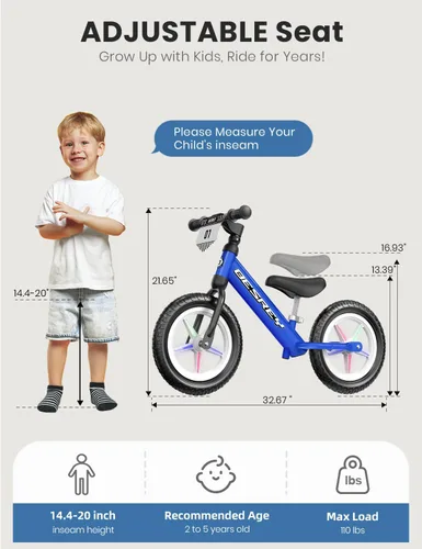 Miniatura 8 de besrey Bicicleta de equilibrio para niños de 2 años: marco totalmente metálico y ruedas autoiluminadas de 12 pulgadas, bicicleta para niños