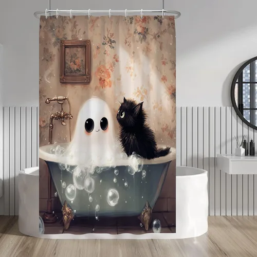 Miniatura 140 de Cortina de ducha de fantasma y gato negro para niños, 36 x 72 pulgadas, espeluznante y bonita, cortina de baño de Halloween con 6 ganchos, cortina