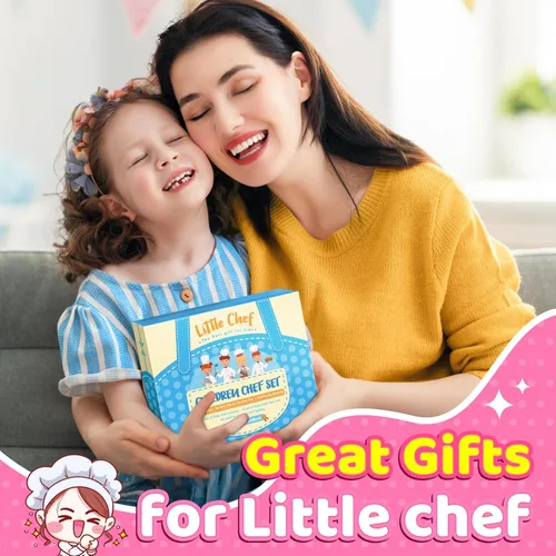 Miniatura 7 de Toyze Regalos para niñas de 3 a 8 años, juego de cocina para niños con delantal, sombrero de chef, libro de cocina, 20 unidades, color rosa