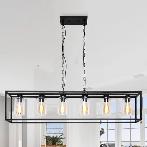 Miniatura 11 de Iluminación rústica de isla de cocina de granja, lámpara de 5 luces para comedor sobre mesa, lámpara de araña de madera rústica rectangular, lámpara