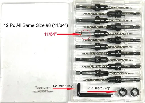 Miniatura 4 de FTG USA Juego de 12 brocas avellanadoras #8 (11/64 pulgadas) con collar de tope de profundidad, llave hexagonal, brocas cónicas para madera