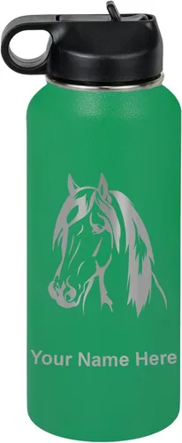 Miniatura 30 de LaserGram Botella de agua personalizada, cabeza de caballo 1, acero inoxidable de doble pared aislada al vacío con popote superior, regalo grabado