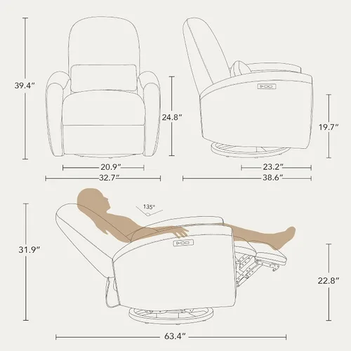 Miniatura 3 de Watson & Whitely Sillas reclinables eléctricas, mecedora giratoria para cuarto de bebé, con soporte lumbar y almohada lumbar y base de madera maciza