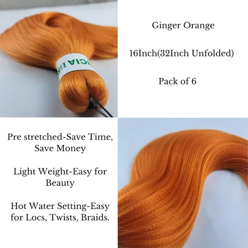 Miniatura 2 de Cabello estirado de fibra Kanekalon para trenzar con cabello humano, color naranja rojizo, 16 pulgadas, paquete de 6