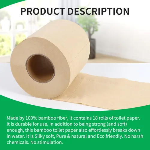 Miniatura 8 de Papel higiénico de bambú, 4 capas, 18 rollos, 200 hojas por rollo, total de 3600 hojas, sin blanquear, sostenible y sin árboles, suave, fuerte