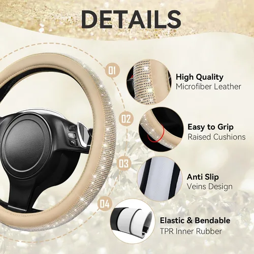 Miniatura 4 de CAR PASS Funda para volante de cuero beige con diamantes brillantes, cristales blancos brillantes con purpurina y pedrería, ajuste universal de 14