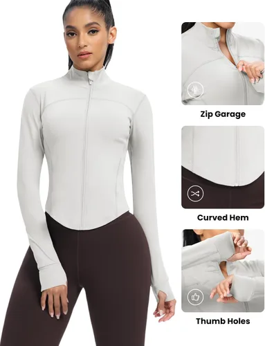 Miniatura 78 de AVGO Chaquetas de entrenamiento recortadas para mujer, con cremallera, ajustadas, atléticas, con agujeros para el pulgar