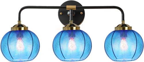 Miniatura 16 de Lámparas de baño de mediados de siglo, aplique de pared de 2 luces con pantalla de vidrio con rayas verdes, luz de montaje en pared, luces modernas
