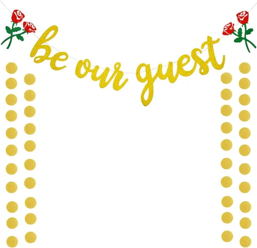 Letrero dorado con texto en inglés «Be Our Guest » – Cartel de recepción para fiesta de La Bella y la Bestia, despedida de soltera, despedida de