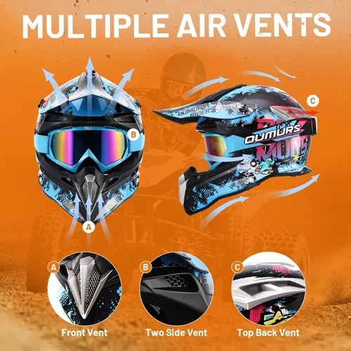 Miniatura 5 de OUMURS DOT Casco de Dirt Bike para Adultos con Gafas, Guantes y Máscara, Visera Solar Ajustable, Casco de Motocicleta ATV Todoterreno Motocross