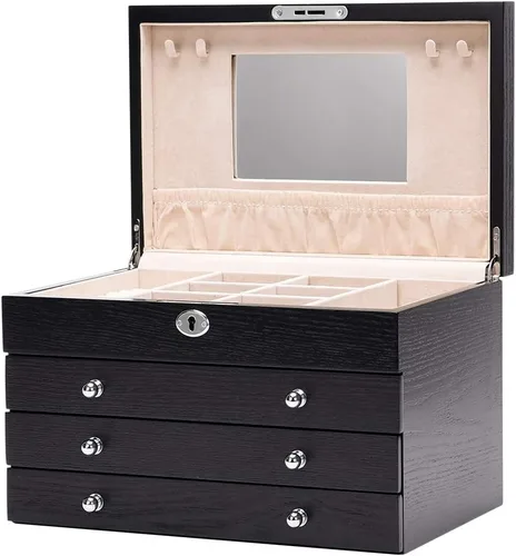 TITISKIN Joyero grande de madera, joyero con espejo, caja de joyería con cerradura de 4 capas, caja de regalo, gabinete de joyería de escritorio,