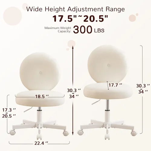 Miniatura 2 de Furniliving Silla de escritorio redonda sin brazos, pequeña silla tapizada de terciopelo con ruedas, silla de tarea ajustable giratoria con ruedas